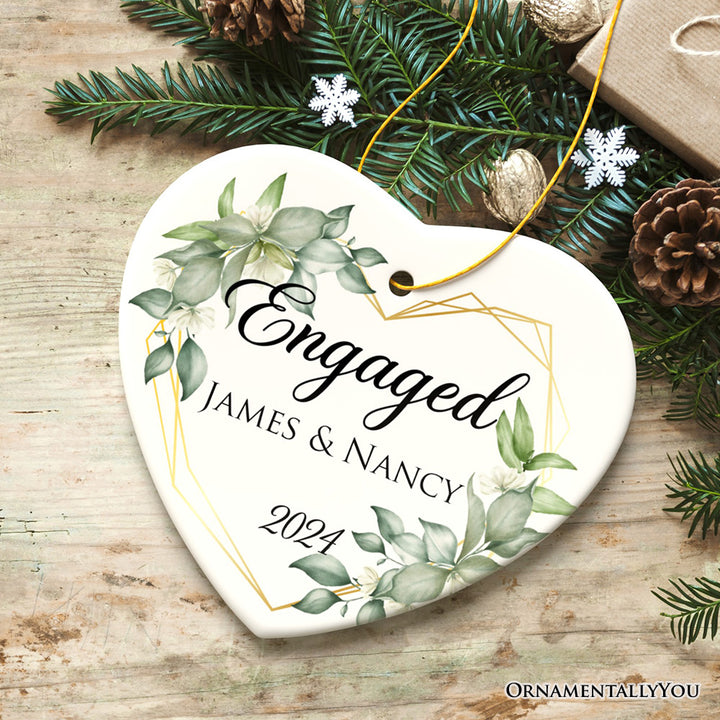 Personalized Engaged Ornament with Heart Flower Frame, Custom Name and Date Gift for Couple