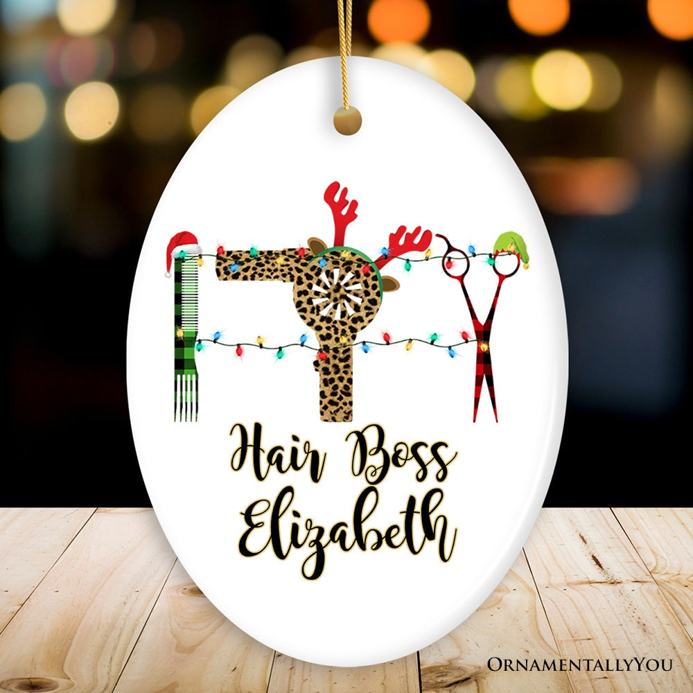 Personalized Hairdresser Buffalo Plaid Leopard Merry Christmas Ornament, Stylist Gift Personalized Hairdresser Buffalo Plaid Leopard Merry Christmas Ornament, Stylist Gift