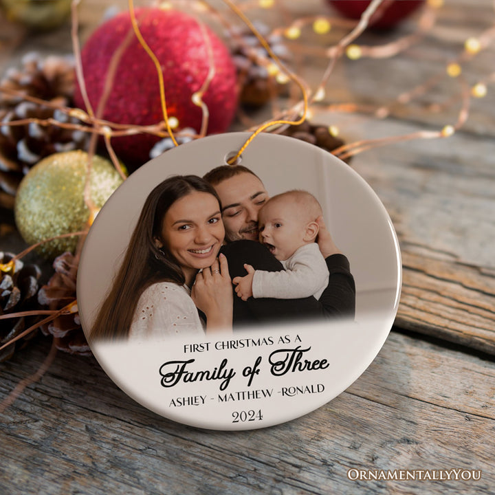 First Christmas Family of Three Personalized Photo Ornament, New Baby Portrait Gift