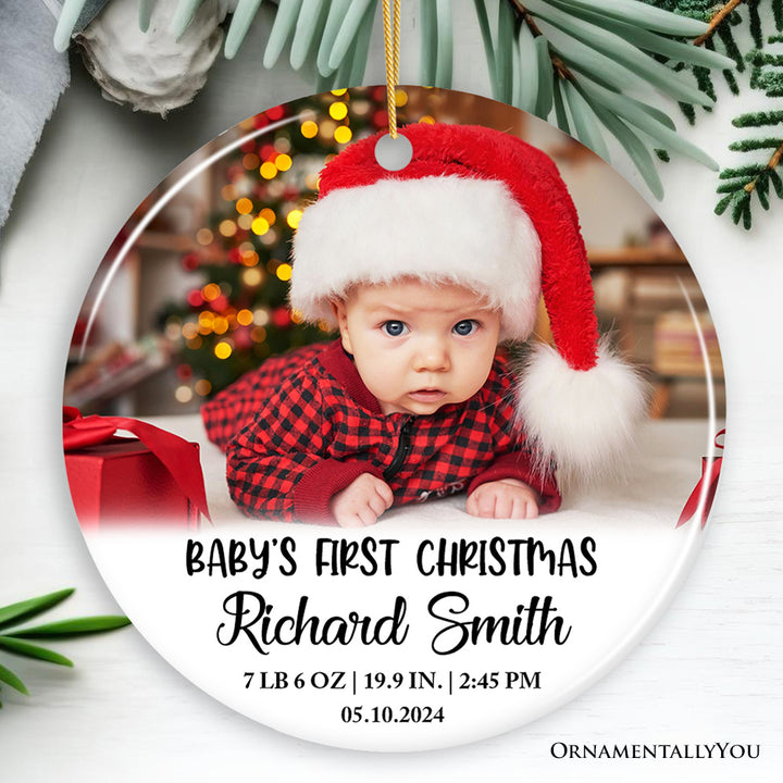 Custom Photo Baby’s First Christmas Tree Ornament, Newborn Size and Weight