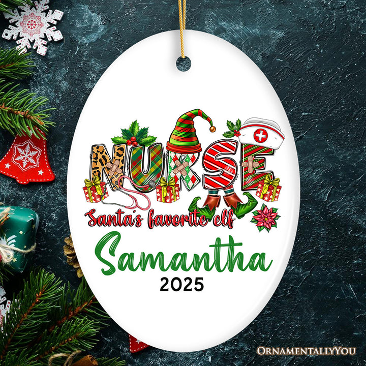 Santa’s Favorite Nurse Elf Personalized Christmas Ornament, Custom Nursing Present