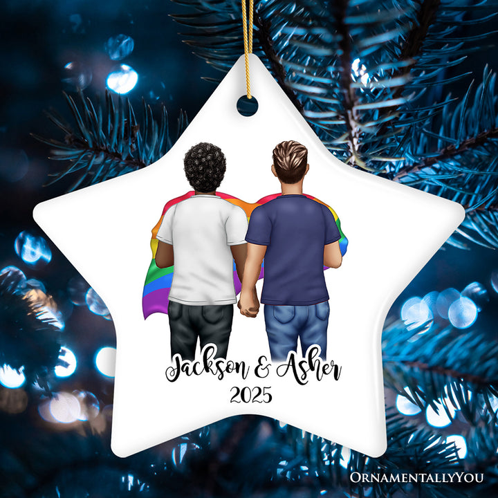 Pride Mens Couple Rainbow Flag Customized Christmas Ornament, LGBT and Gay Activism