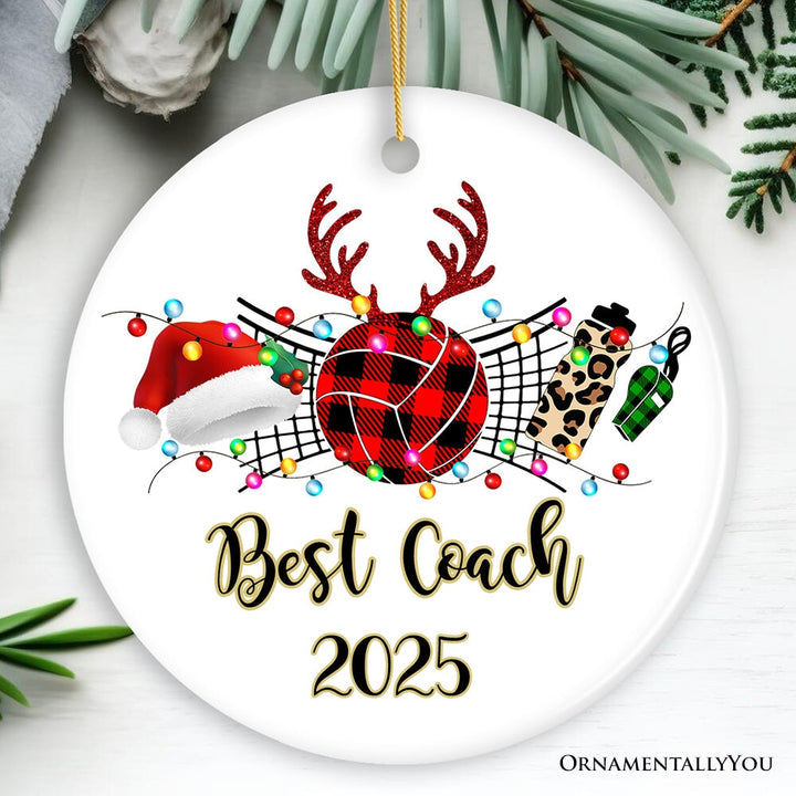 Personalized Volleyball Buffalo Plaid Leopard Merry Christmas Ornament, Team and Coaches Gift Ceramic Ornament OrnamentallyYou Circle 