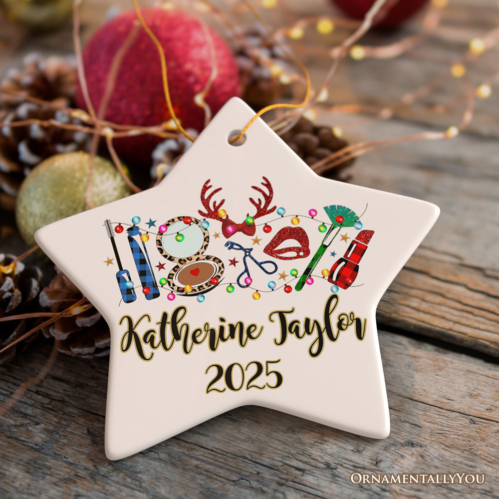 Personalized Makeup Artist Buffalo Plaid Christmas Ornament, Cosmetologist Beauty and Cosmetics Gift Ceramic Ornament OrnamentallyYou Star 