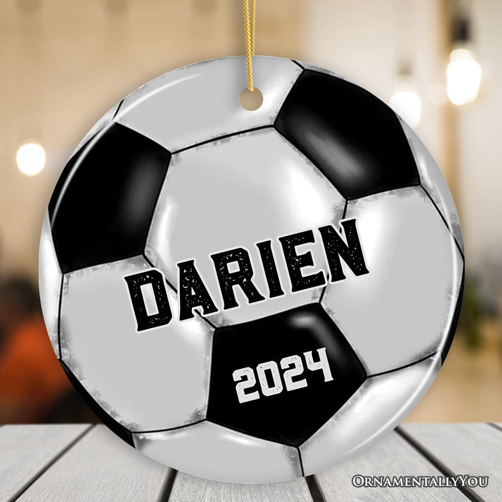 Personalized Soccer Christmas Ornament, Festive Holiday Theme with Name and Date Ceramic Ornament OrnamentallyYou Circle 