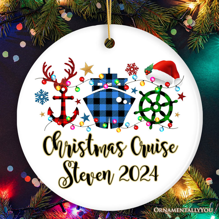 Personalized Cruise Vacation Buffalo Plaid Leopard Merry Christmas Ornament Gift