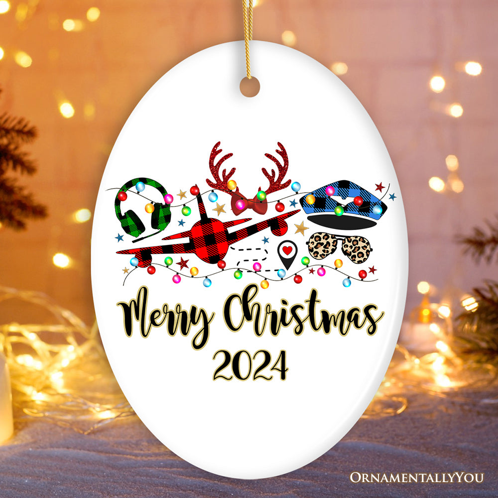 Personalized Airplane Pilot Buffalo Plaid Christmas Ornament, Flight Aircraft Crew Gift Holiday Decoration