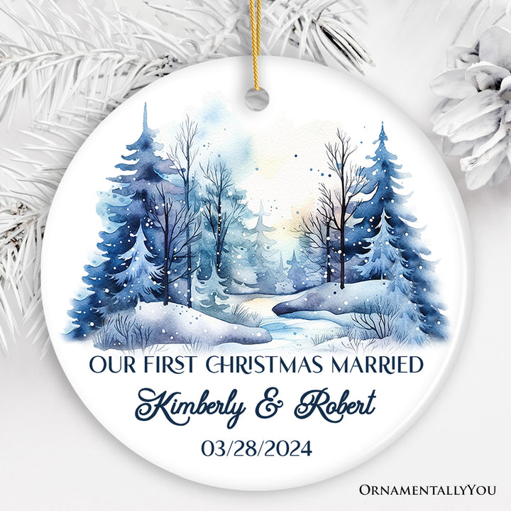 Winter Wonderland Forest Personalize Ornament, First Christmas Married Couple Gift