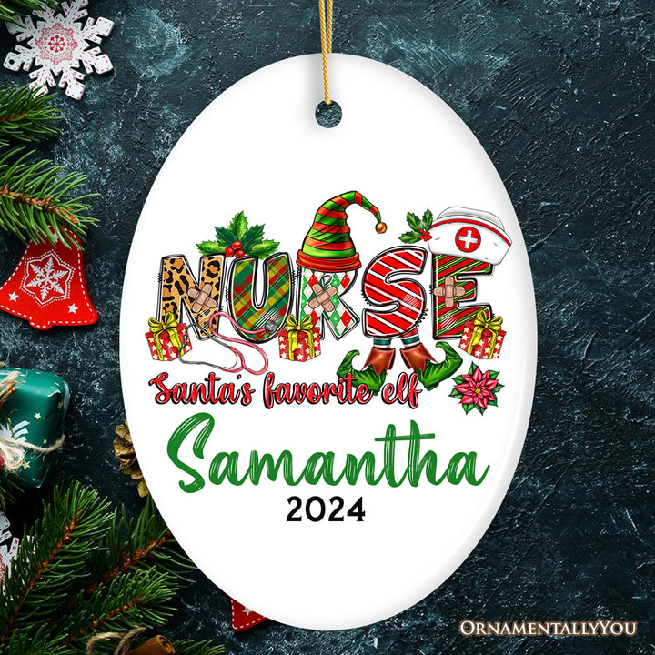 Santa’s Favorite Nurse Elf Personalized Christmas Ornament, Custom Nursing Present