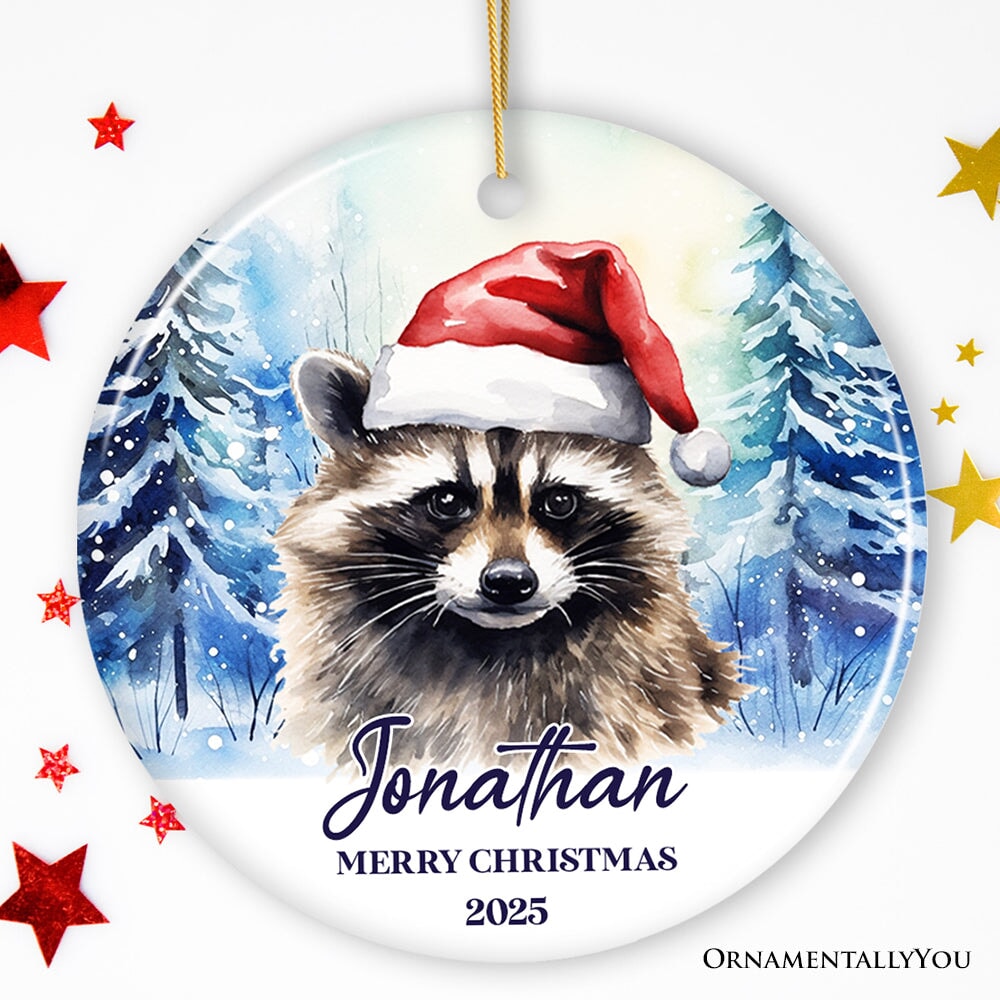 Raccoon with Santa Hat Personalized Ornament, Winter Forest Christmas Gift With Custom Name and Date Ceramic Ornament OrnamentallyYou Circle 