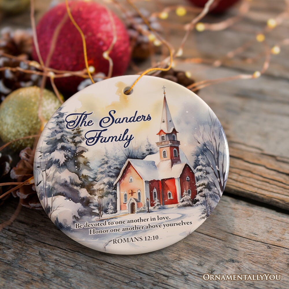 Winter Church Watercolor Art Personalized Ornament, Christmas Gift for Christian Family Ceramic Ornament OrnamentallyYou 