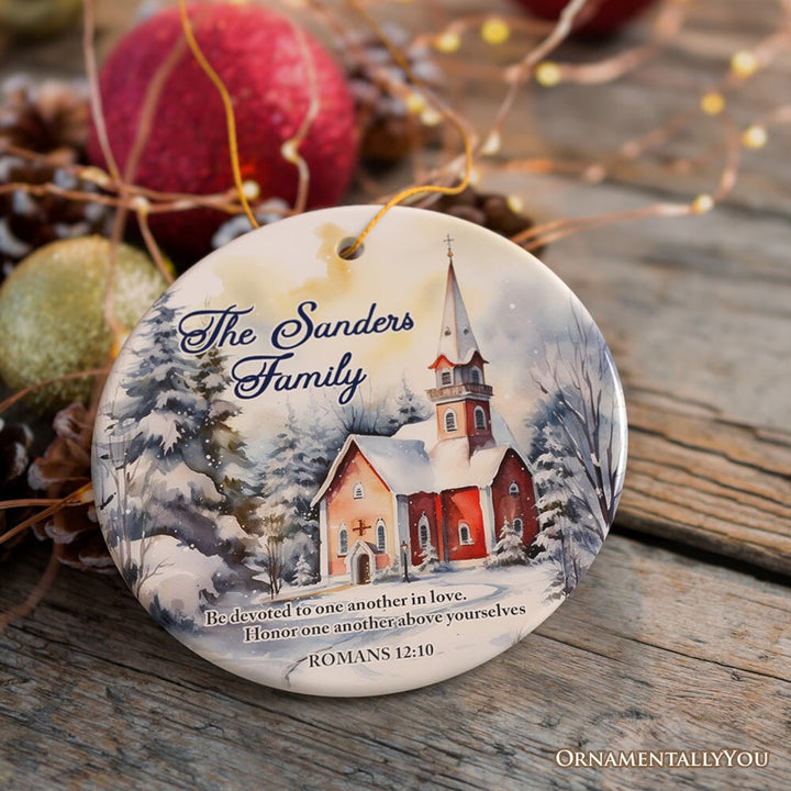 Winter Church Watercolor Art Personalized Ornament, Christmas Gift for Christian Family Ceramic Ornament OrnamentallyYou 
