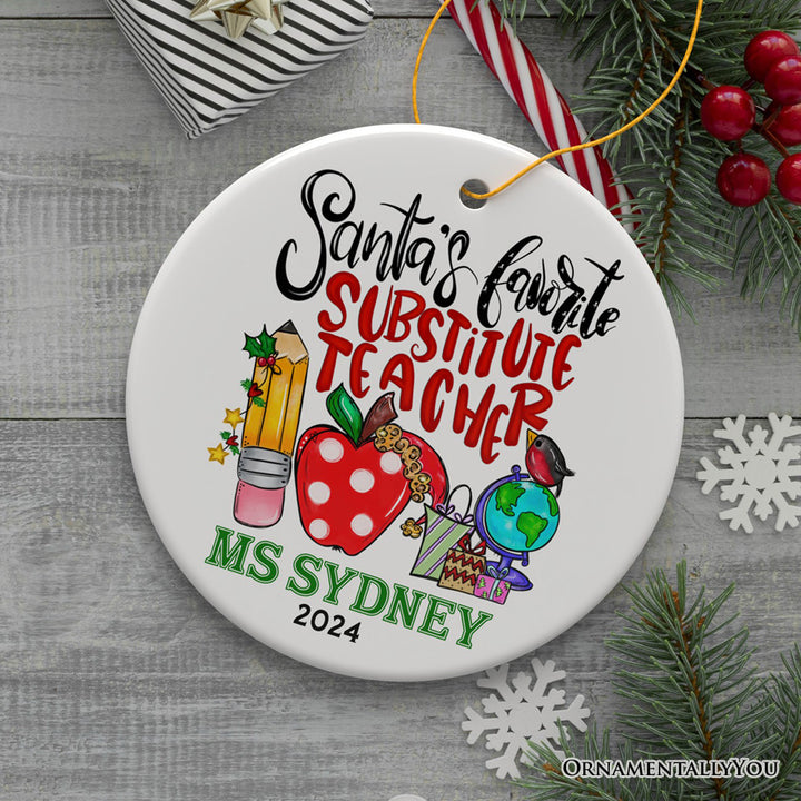 Heartfelt Santa's Favorite Substitute Teacher Personalized Christmas Ornament, School Professor Appreciation Custom Gift