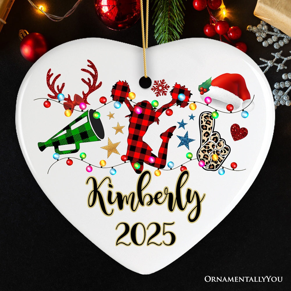 Personalized Cheer Buffalo Plaid Leopard Merry Christmas Ornament, Cheer Team or Coach Gift Ceramic Ornament OrnamentallyYou Heart 