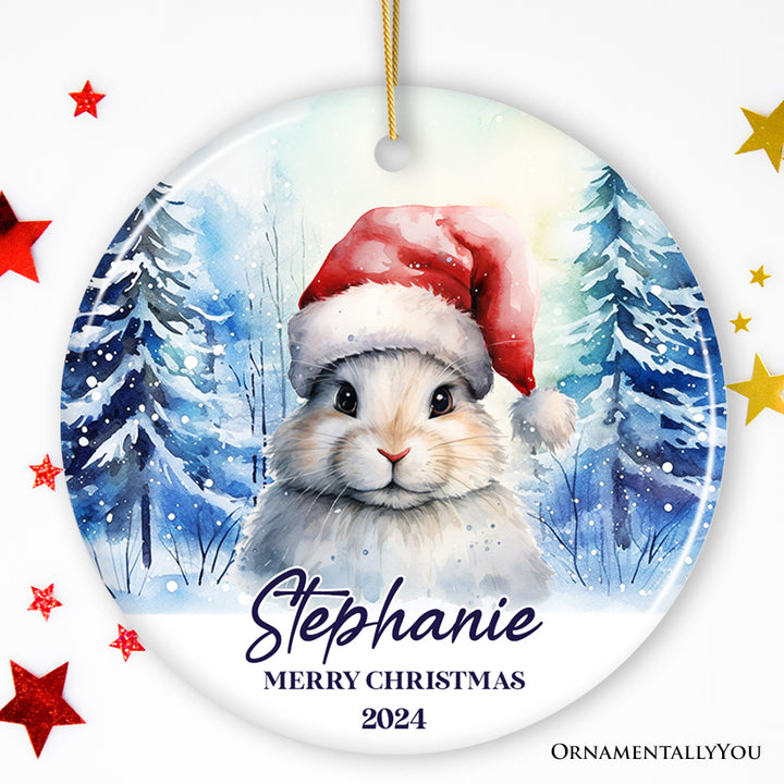 Cute Bunny with Santa Hat Personalized Ornament, Winter Forest Christmas Gift With Custom Name and Date