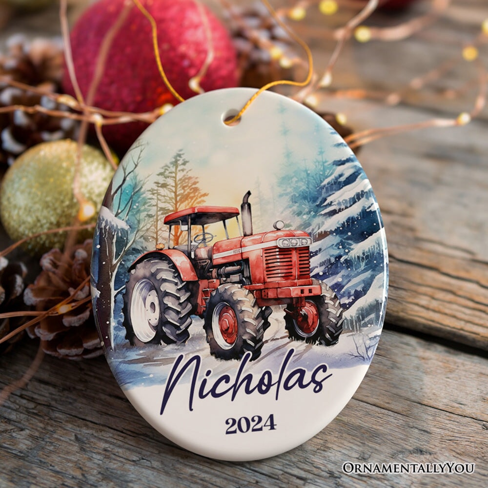 Vintage Tractor Personalized Ornament, Pristine Snowy Serenity Christmas Gift With Custom Name and Date Ceramic Ornament OrnamentallyYou Oval 