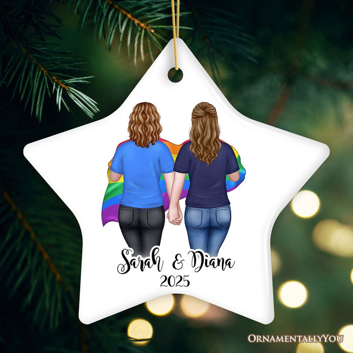 Gay Pride Women Couple with Rainbow Flag Personalized Christmas Ornament, LGBT and Lesbian Activism