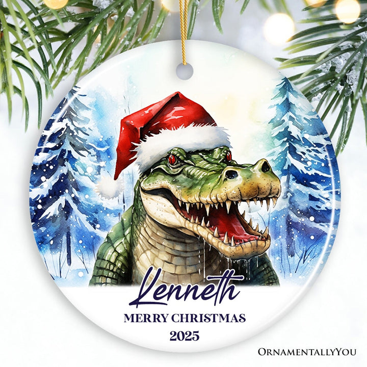 Alligator with Santa Hat Personalized Ornament, Winter Forest Christmas Gift With Custom Name and Date Ceramic Ornament OrnamentallyYou Circle 