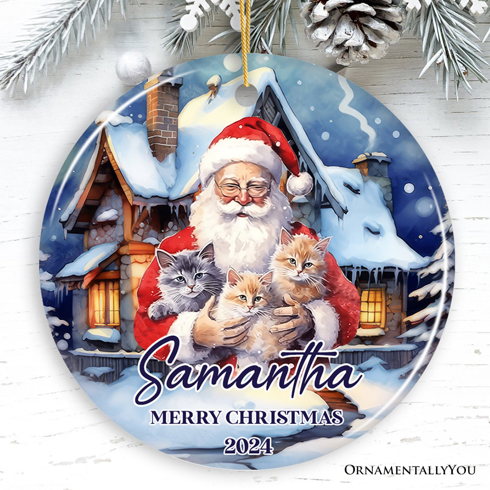 Cute Santa With Cats Personalized Ornament, Festive Christmas Gift With Custom Name and Date