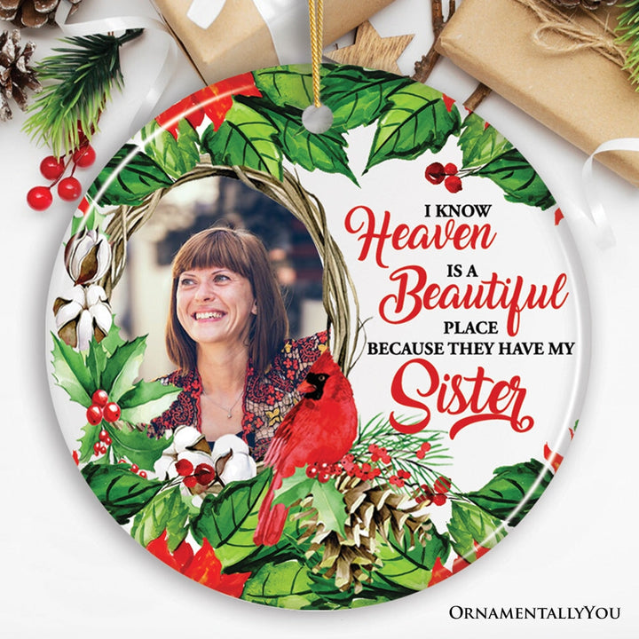 Deceased Family Wreath Portrait Personalized Ornament, Heaven is a Beautiful Place Quote with Cardinal Art Ceramic Ornament OrnamentallyYou 