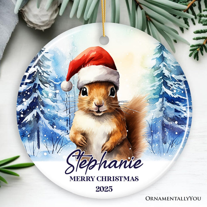 Squirrel with Santa Hat Personalized Ornament, Winter Forest Christmas Gift With Custom Name and Date Ceramic Ornament OrnamentallyYou Circle 