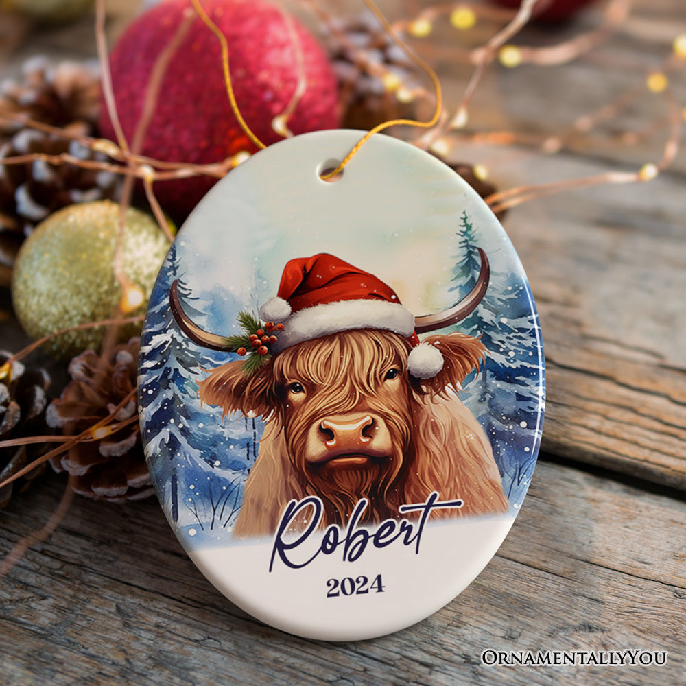 Highland Cow Personalized Ornament, Enchanted Frost Christmas Gift With Custom Name and Date