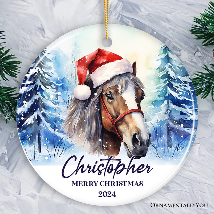 Horse with Santa Hat Personalized Ornament, Winter Forest Christmas Gift With Custom Name and Date