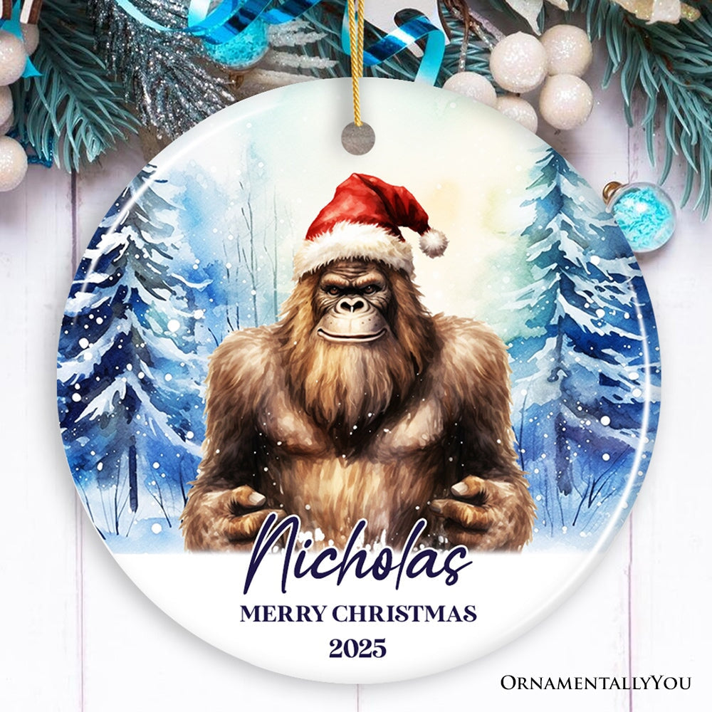 Bigfoot with Santa Hat Personalized Ornament, Winter Forest Christmas Gift With Custom Name and Date Ceramic Ornament OrnamentallyYou Circle 