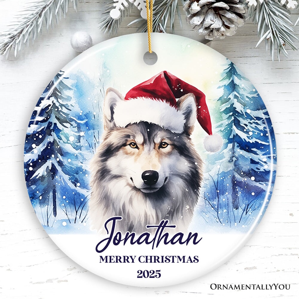 Wolf with Santa Hat Personalized Ornament, Winter Forest Christmas Gift With Custom Name and Date Ceramic Ornament OrnamentallyYou Circle 