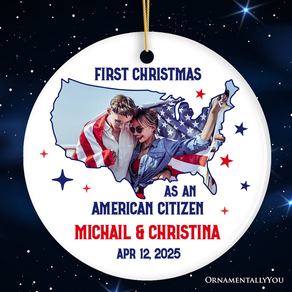 First Christmas as an American Citizen Personalized Photo Ornament, New Citizenship Gift Ceramic Ornament OrnamentallyYou Circle 