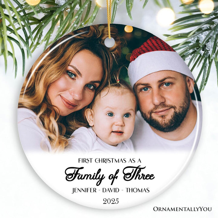 First Christmas Family of Three Personalized Photo Ornament, New Baby Portrait Gift Ceramic Ornament OrnamentallyYou Circle 