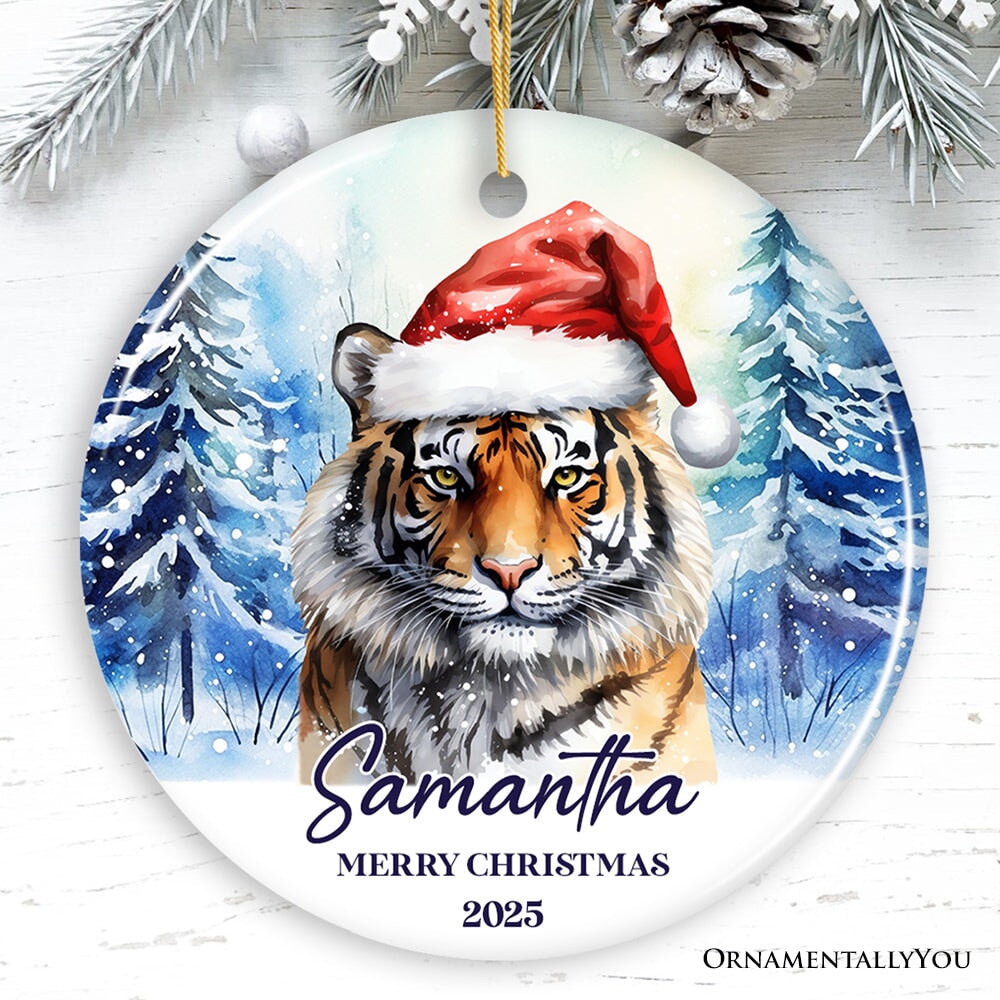 Tiger with Santa Hat Personalized Ornament, Winter Forest Christmas Gift With Custom Name and Date Ceramic Ornament OrnamentallyYou Circle 