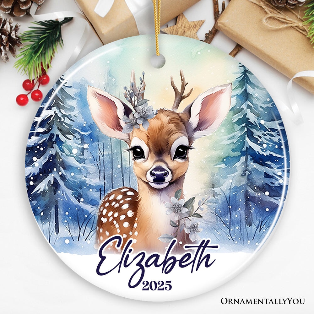 Deer Personalized Ornament, Majestic Winter Forest Christmas Gift With Custom Name and Date Ceramic Ornament OrnamentallyYou Circle 