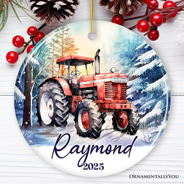 Vintage Tractor Personalized Ornament, Pristine Snowy Serenity Christmas Gift With Custom Name and Date Ceramic Ornament OrnamentallyYou Circle 