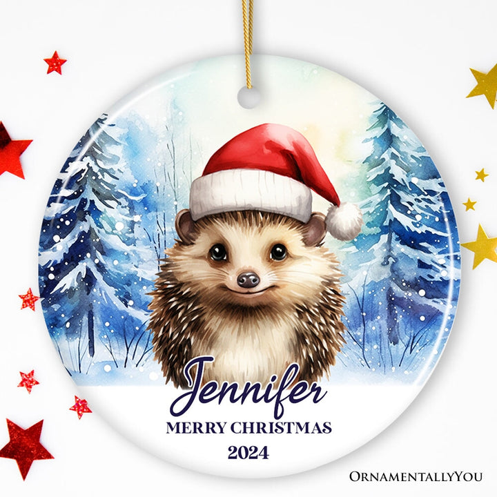 Hedgehog with Santa Hat Personalized Ornament, Winter Forest Christmas Gift With Custom Name and Date Ceramic Ornament OrnamentallyYou Circle 