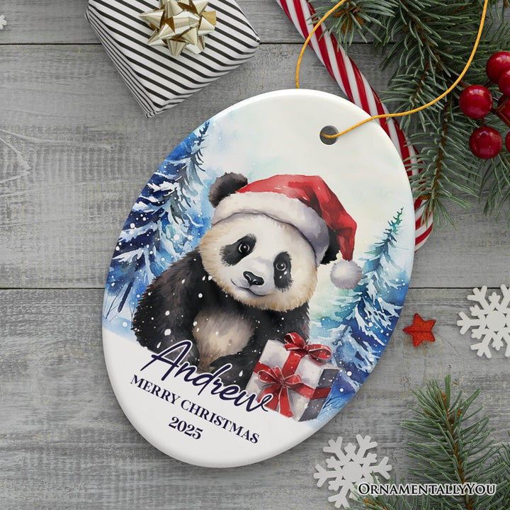 Panda with Santa Hat Personalized Ornament, Winter Forest Christmas Gift With Custom Name and Date Ceramic Ornament OrnamentallyYou Oval 