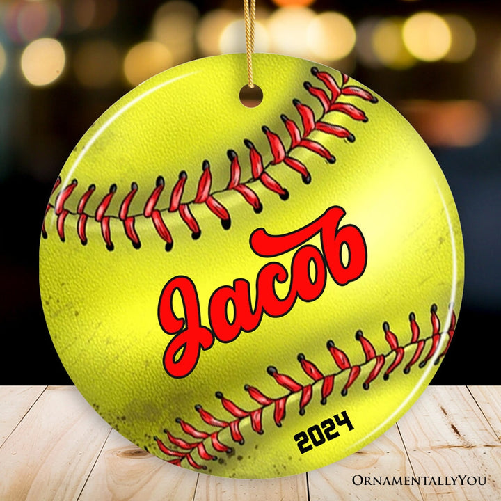 Personalized Softball Christmas Ornament, Festive Holiday Theme with Name and Date Ceramic Ornament OrnamentallyYou Circle 