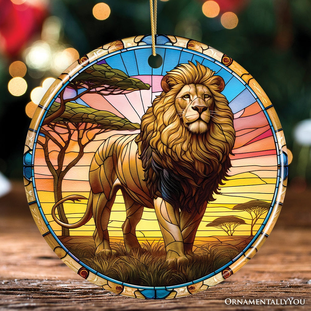 Kings of the Savannah Lion Stained Glass Style Ceramic Ornament, African Animals Christmas Gift and Decor Ceramic Ornament OrnamentallyYou Circle 