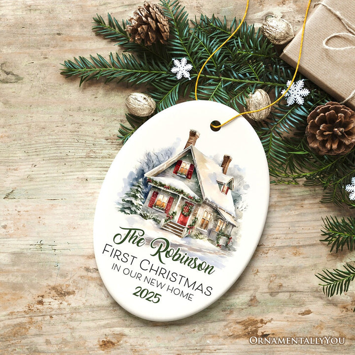 Personalized New Home General Rustic Winter House Theme Christmas Ornament, Watercolor Winter Forest Vintage Cabin Style Ceramic Ornament OrnamentallyYou Oval 