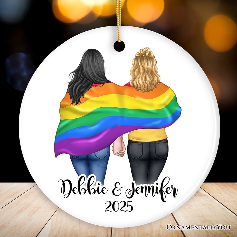 Gay Pride Women Couple with Rainbow Flag Personalized Christmas Ornament, LGBT and Lesbian Activism