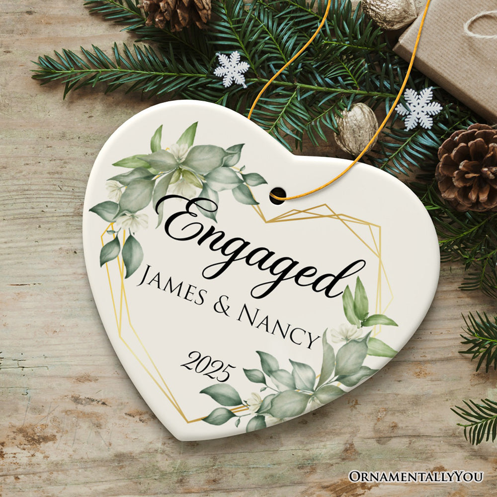 Personalized Engaged Ornament with Heart Flower Frame, Custom Name and Date Gift for Couple