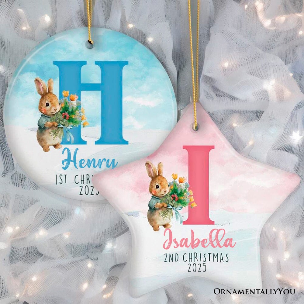 Cute Bunny Rabbit Child Personalized Christmas Monogram Ornament Ceramic Ornament OrnamentallyYou 