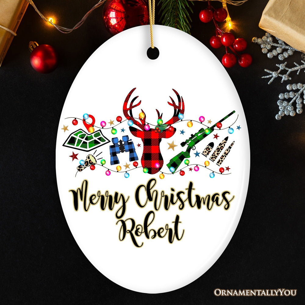 Personalized Buffalo Plaid Hunting Theme Christmas Ornament, Hunter Gift, Red and Green Deer and Gun Ceramic Ornament OrnamentallyYou Oval 