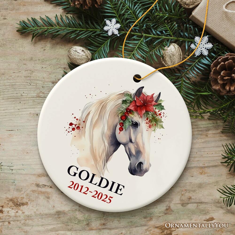 White Horse Personalized Ornament, Watercolor Artistic Christmas Gift With Custom Name and Date Ceramic Ornament OrnamentallyYou Circle 