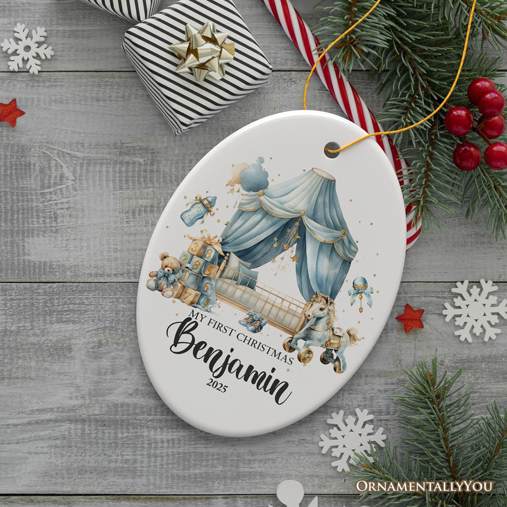 Personalized Baby Boy First Christmas Ornament, Treasured Newborn Holiday Debut Gift Ceramic Ornament OrnamentallyYou Oval 