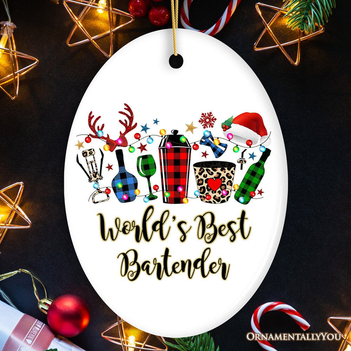 Personalized Bartender Buffalo Plaid Leopard Merry Christmas Ornament Gift Ceramic Ornament OrnamentallyYou Oval 