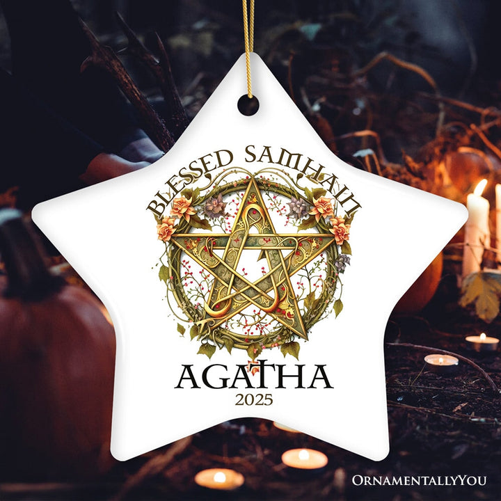 Wiccan Blessed Samhain Personalized Ornament, Witch Sabbat Pentagram Custom Decoration Ceramic Ornament OrnamentallyYou Star 
