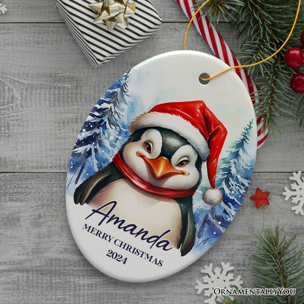 Penguin with Santa Hat Personalized Ornament, Winter Forest Christmas Gift With Custom Name and Date