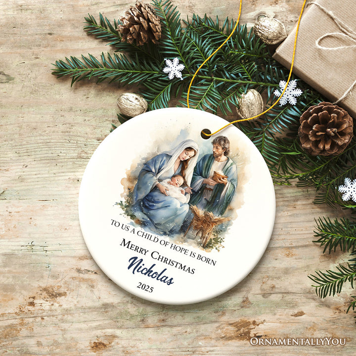 Watercolor Christmas Nativity Scene Personalized Ornament, Christian Holiday Gift