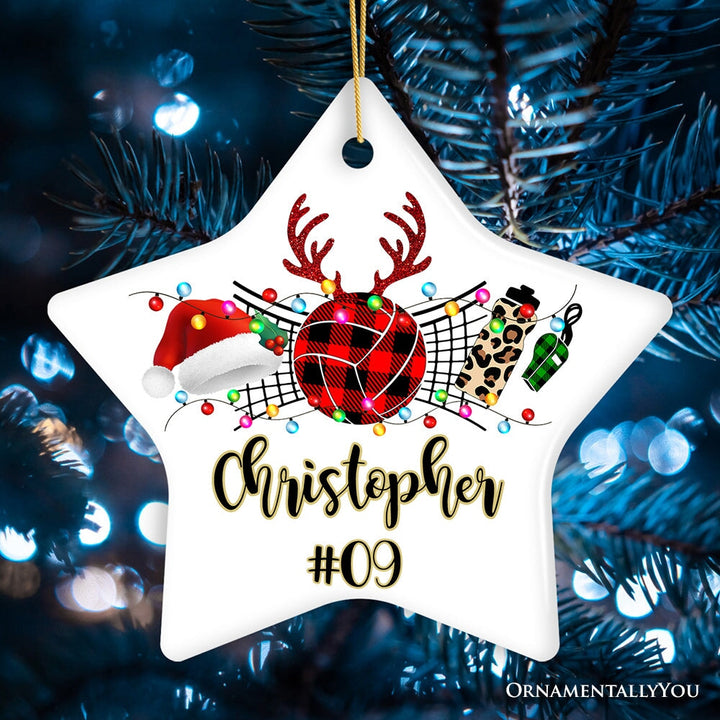 Personalized Volleyball Buffalo Plaid Leopard Merry Christmas Ornament, Team and Coaches Gift Ceramic Ornament OrnamentallyYou Star 